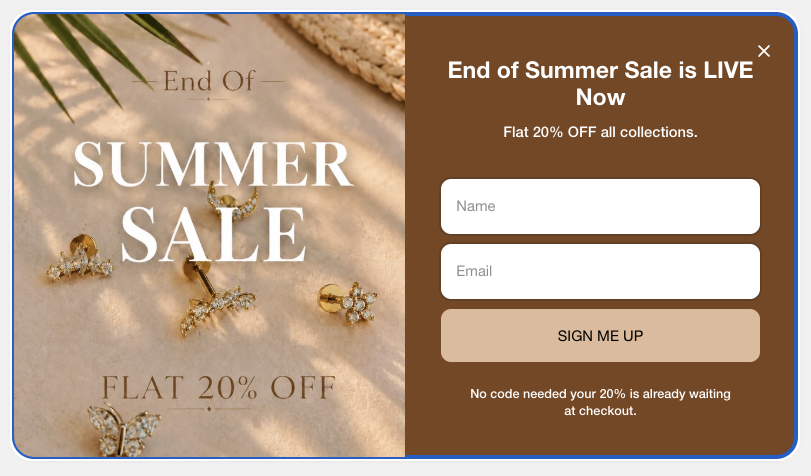 End of Summer Sale Shopify popup offering 20% off all Monster Piercing collections