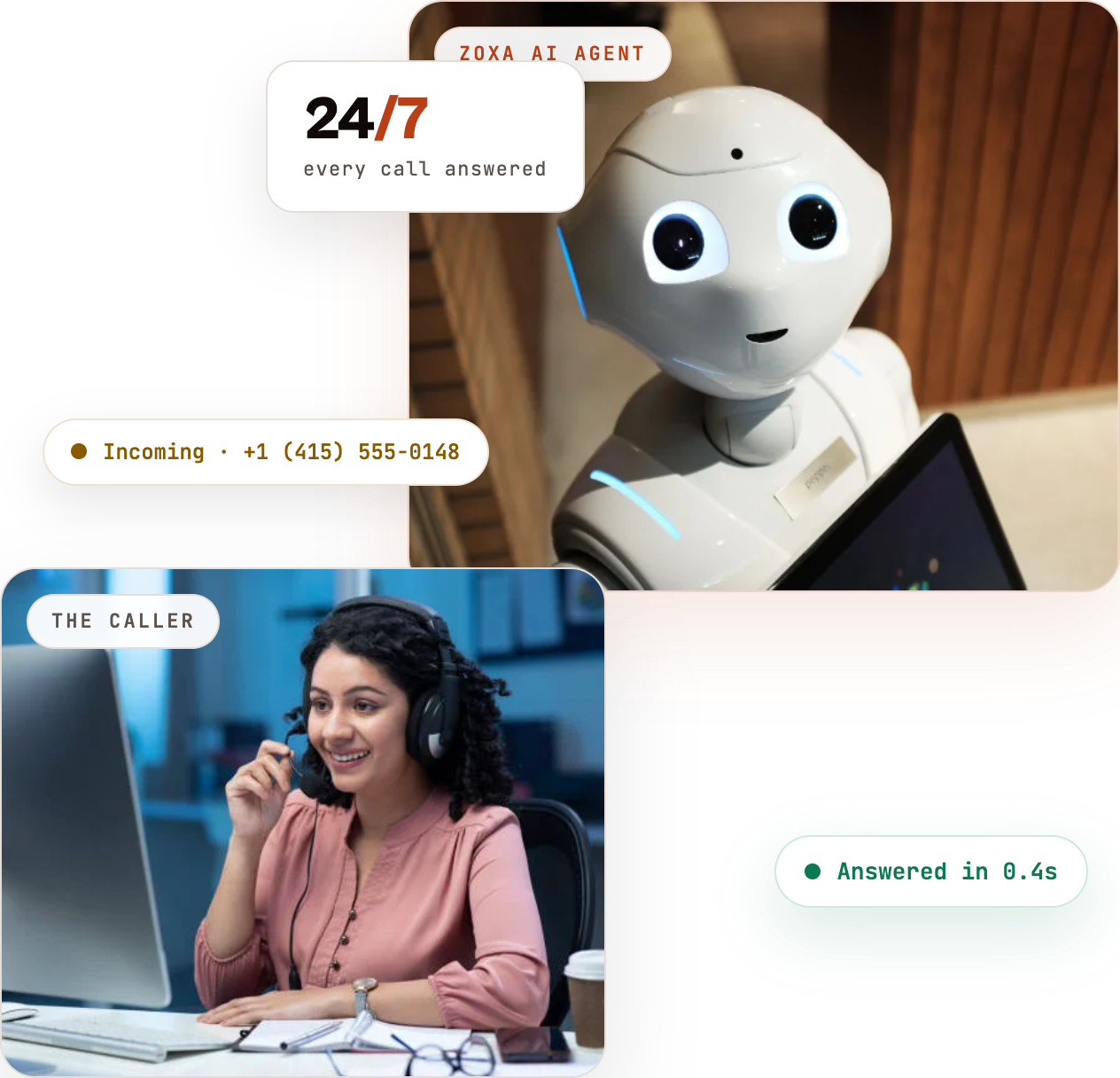 A live telephone answering agent and an AI voice agent answering the same business call