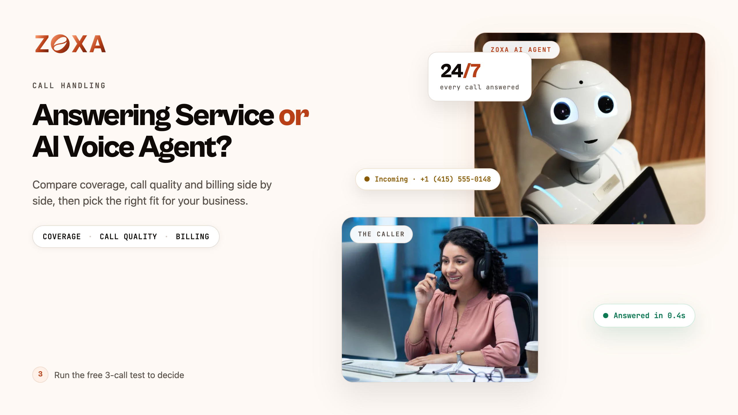 A live telephone answering agent and an AI voice agent answering the same business call