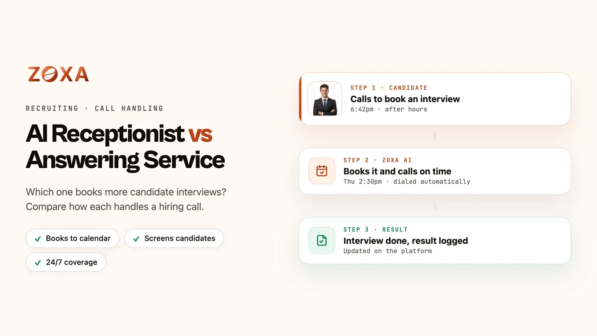 An AI receptionist booking a candidate interview into a recruiter's calendar while an answering service agent takes a message